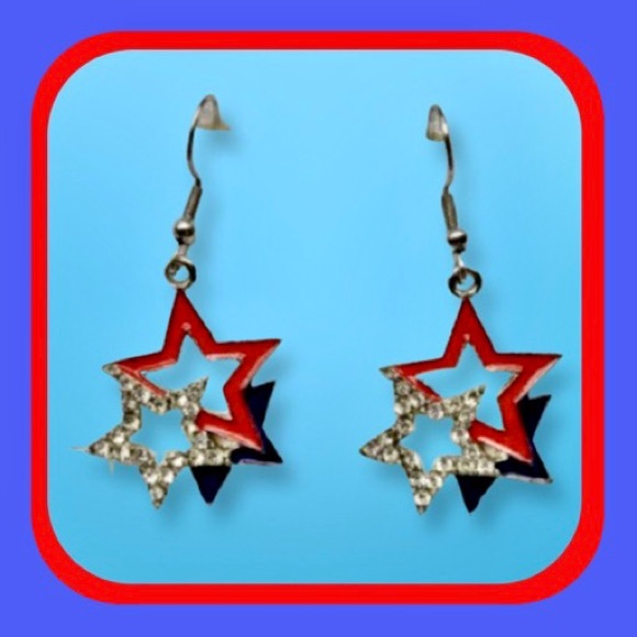 New Gorgeous Rhinestone Enamel Patriotic American Triple Star Earrings - Picture 4 of 8